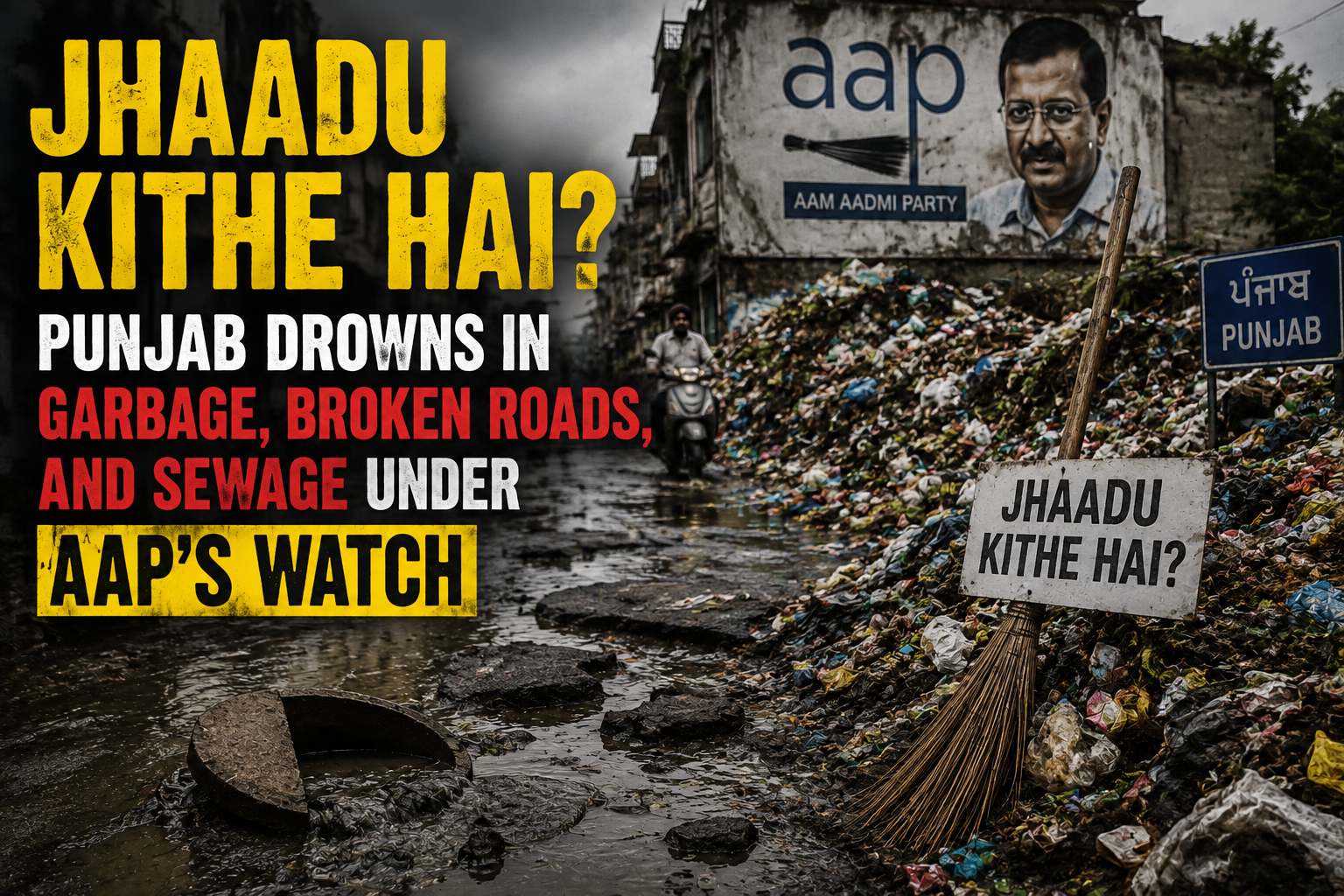 Jhaadu Kithe Hai? Punjab Drowns in Garbage, Broken Roads, and Sewage Under AAP’s Watch