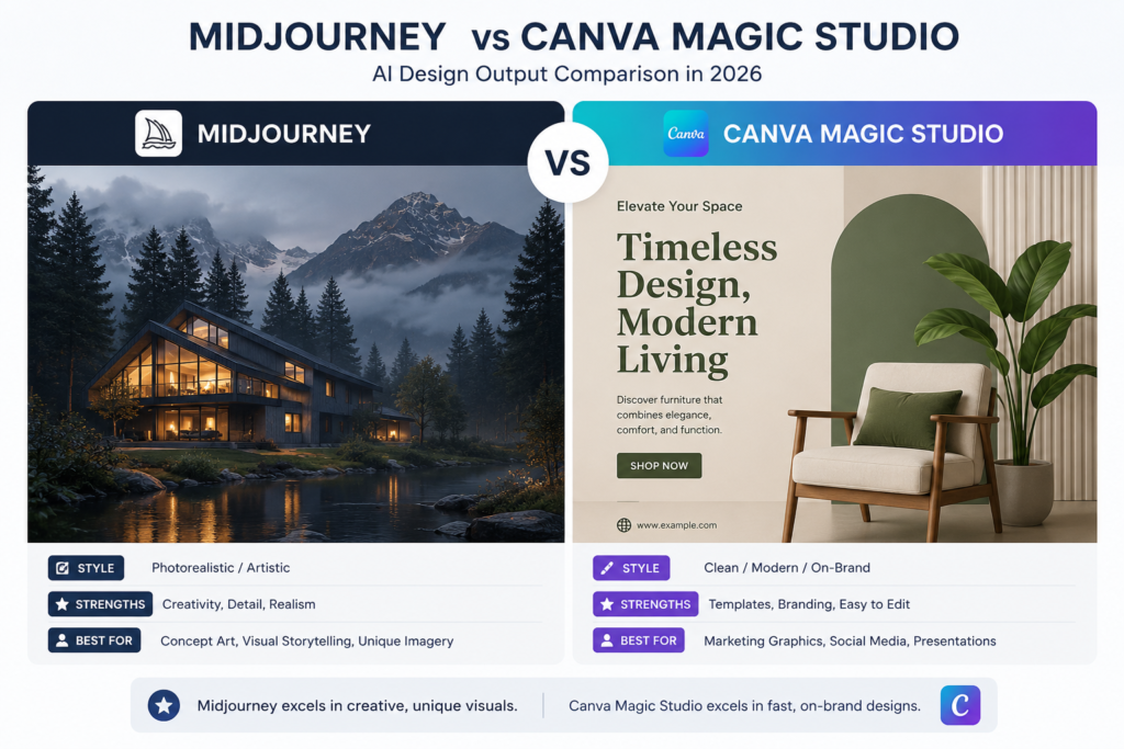 Comparison of AI-generated design outputs from Midjourney and Canva Magic Studio in 2026