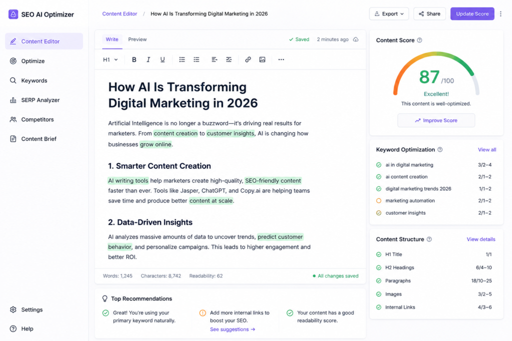 AI SEO content optimization tool interface displaying real-time content score and keyword recommendations