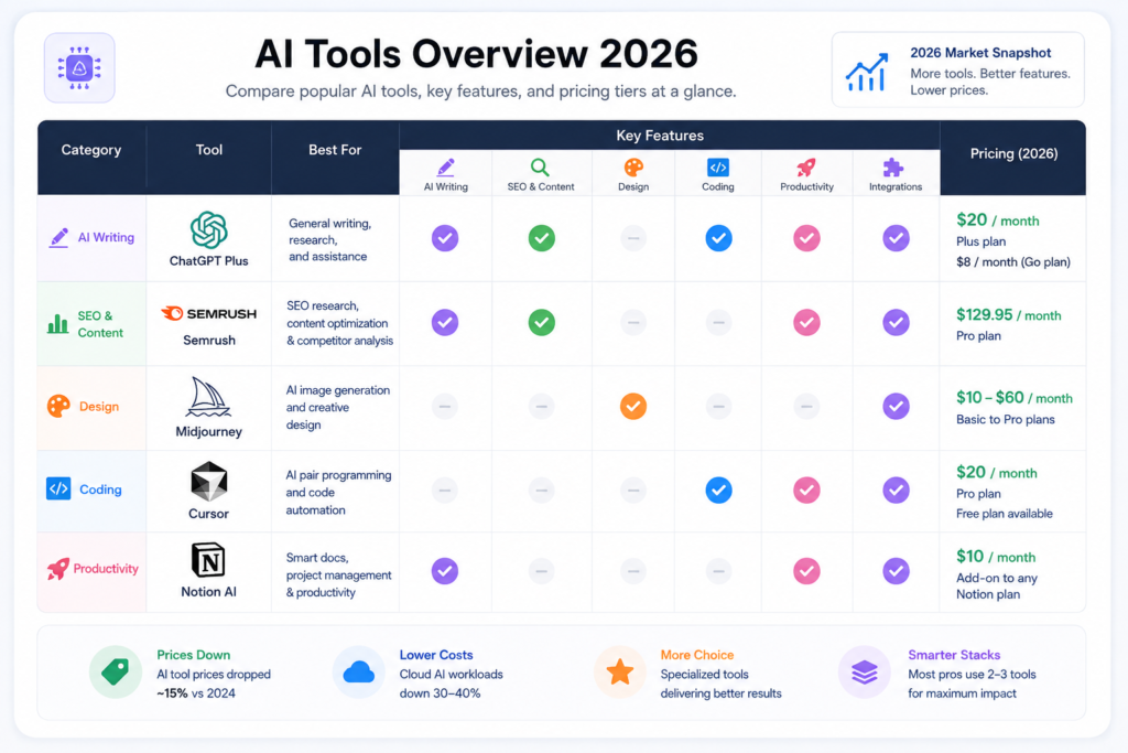 Overview dashboard comparing popular AI tools and their pricing tiers in 2026