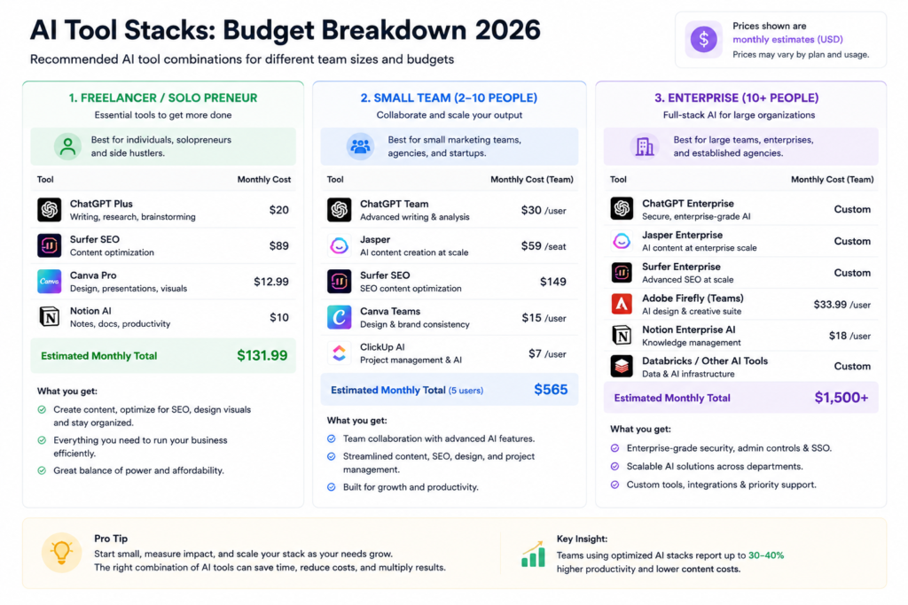 Monthly budget breakdown showing recommended AI tool combinations for freelancers, small teams, and enterprises in 2026